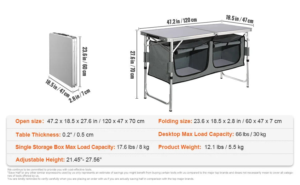 VEVOR Camping Kitchen Table Quick Setup Folding Outdoor Table