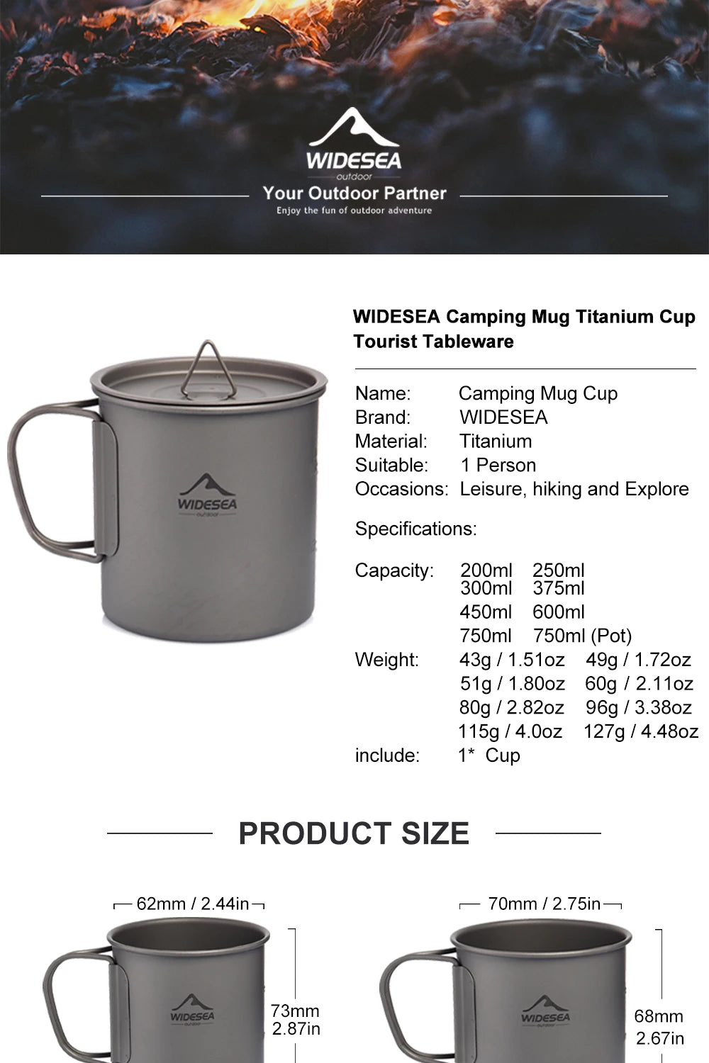 Widesea Titanium Camping Mug for Outdoor Travel and Hiking