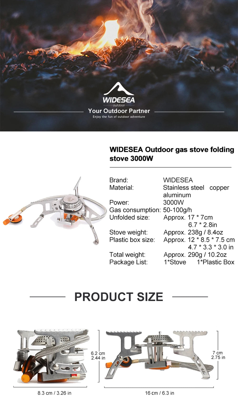 Widesea Portable Camping Gas Stove Stainless Steel Outdoor Burner