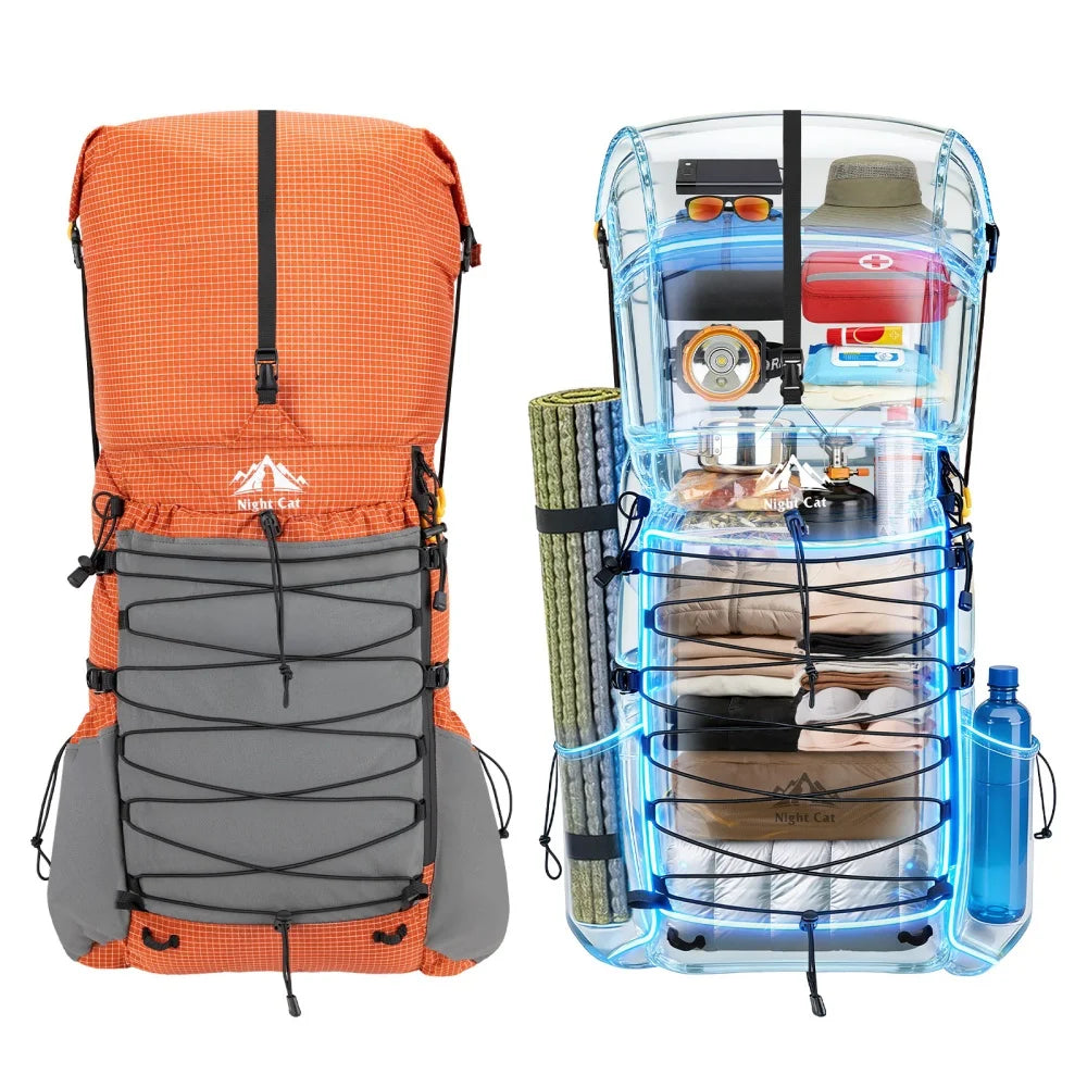Night Cat Internal Frame Hiking Backpack Roll-Top With Rain Cover