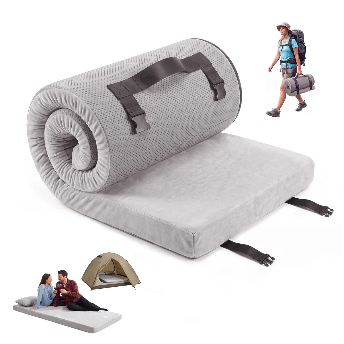 3Inch Thick Memory Foam Camping Mattress Portable Roll-Up Sleeping Pad for Outdoor & Home Use  72x24/75x54inch Gray