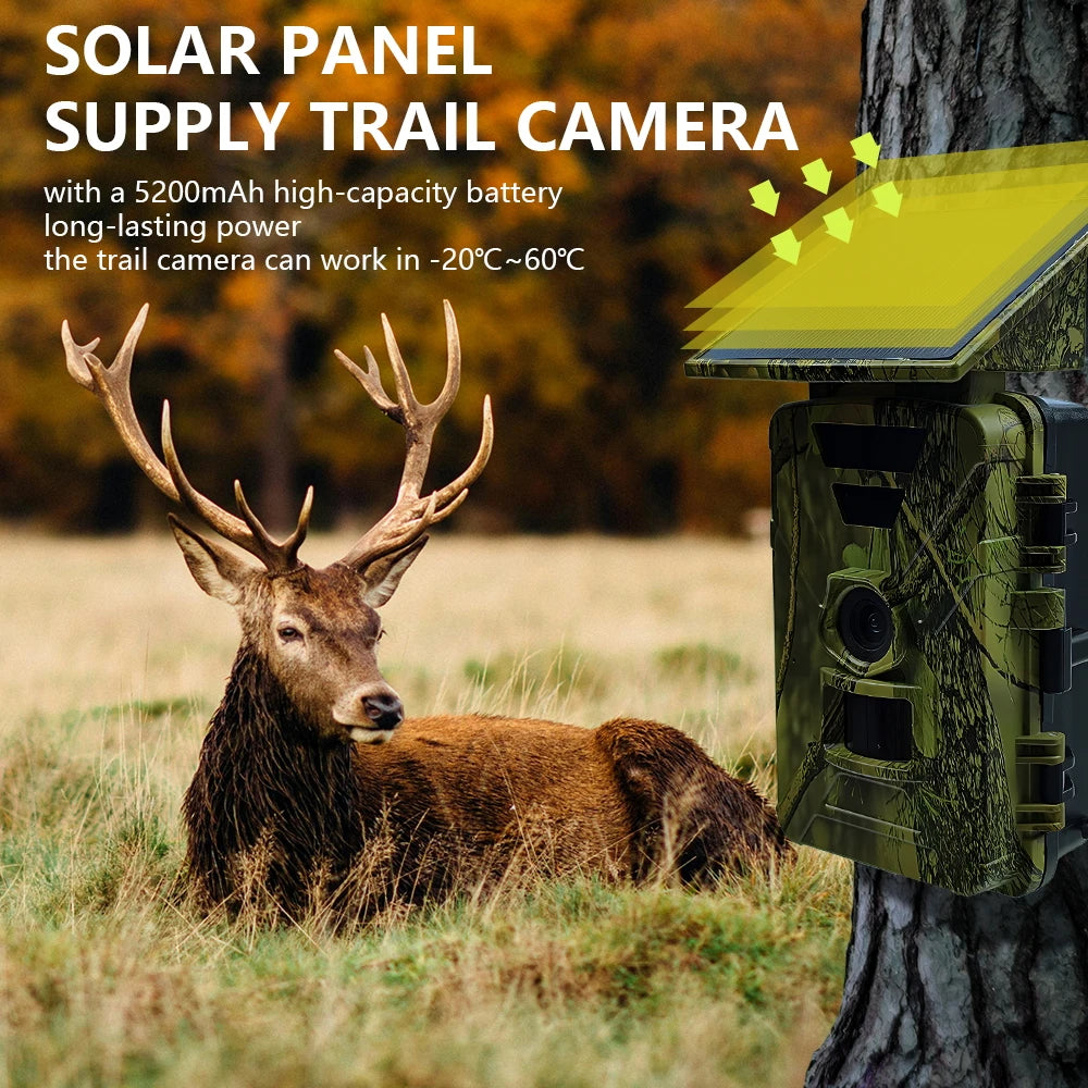 New 8K 60mp Solar Powered Hunting Camera Waterproof MP4 WIFI Infrared Trail Camera 5200mAh Battery for Wild Animals Watching