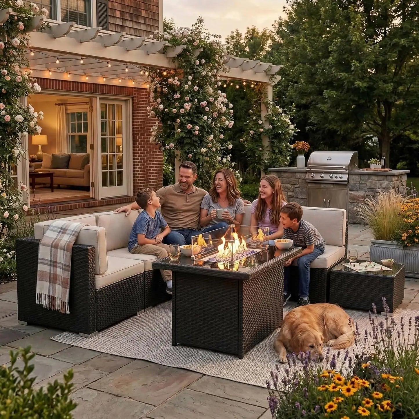 XIAOLANG Outdoor Patio Furniture Set With Gas Fire Pit Table