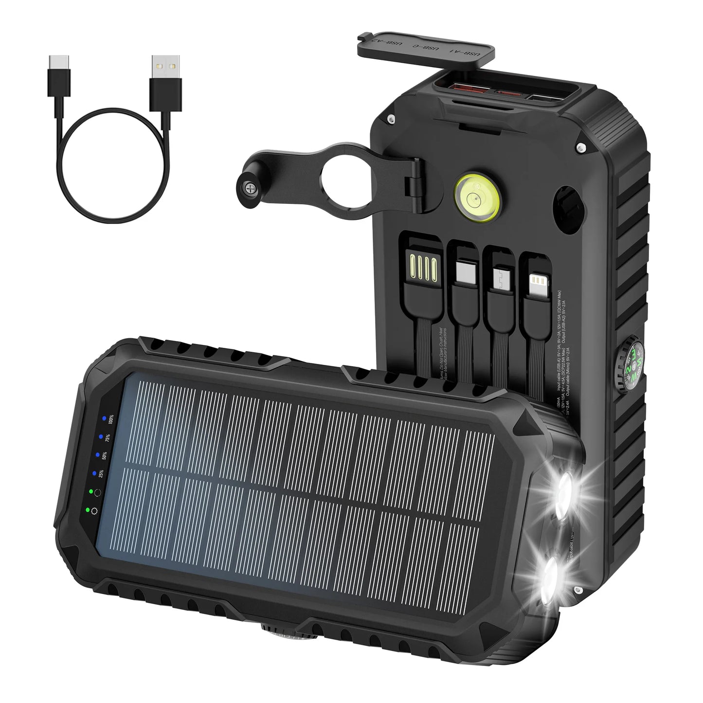 40,000mAh Solar Power Bank With Hand Crank And Built In Cables For Camping