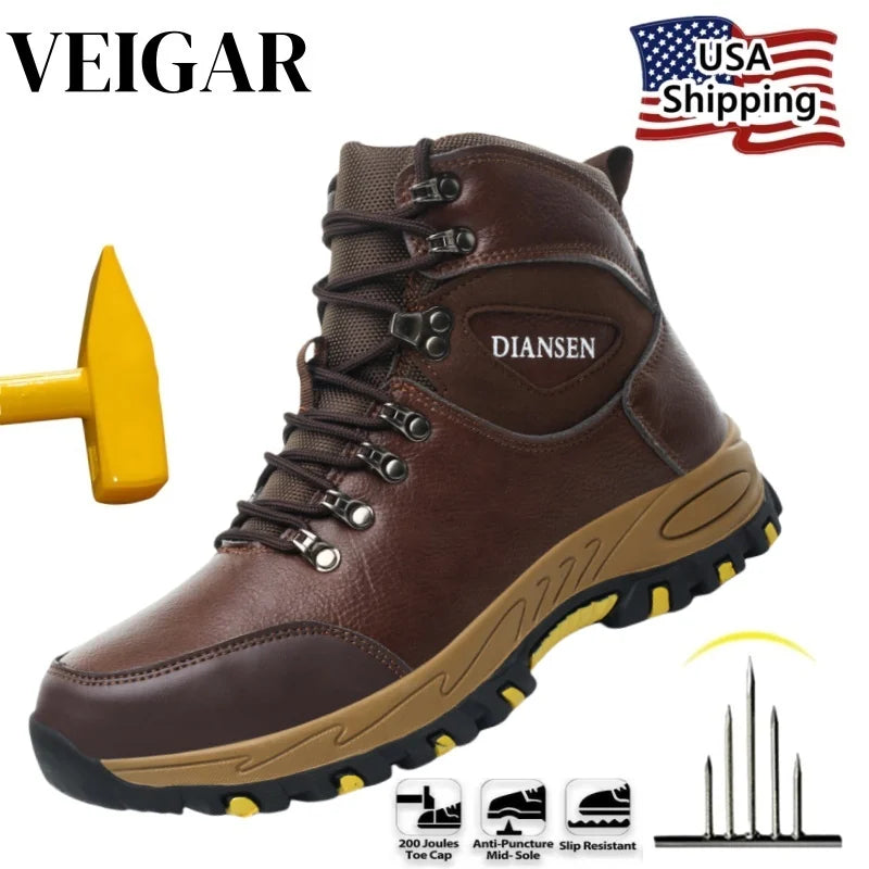 VEIGAR Waterproof Leather Safety Work Boots For Men Indestructible