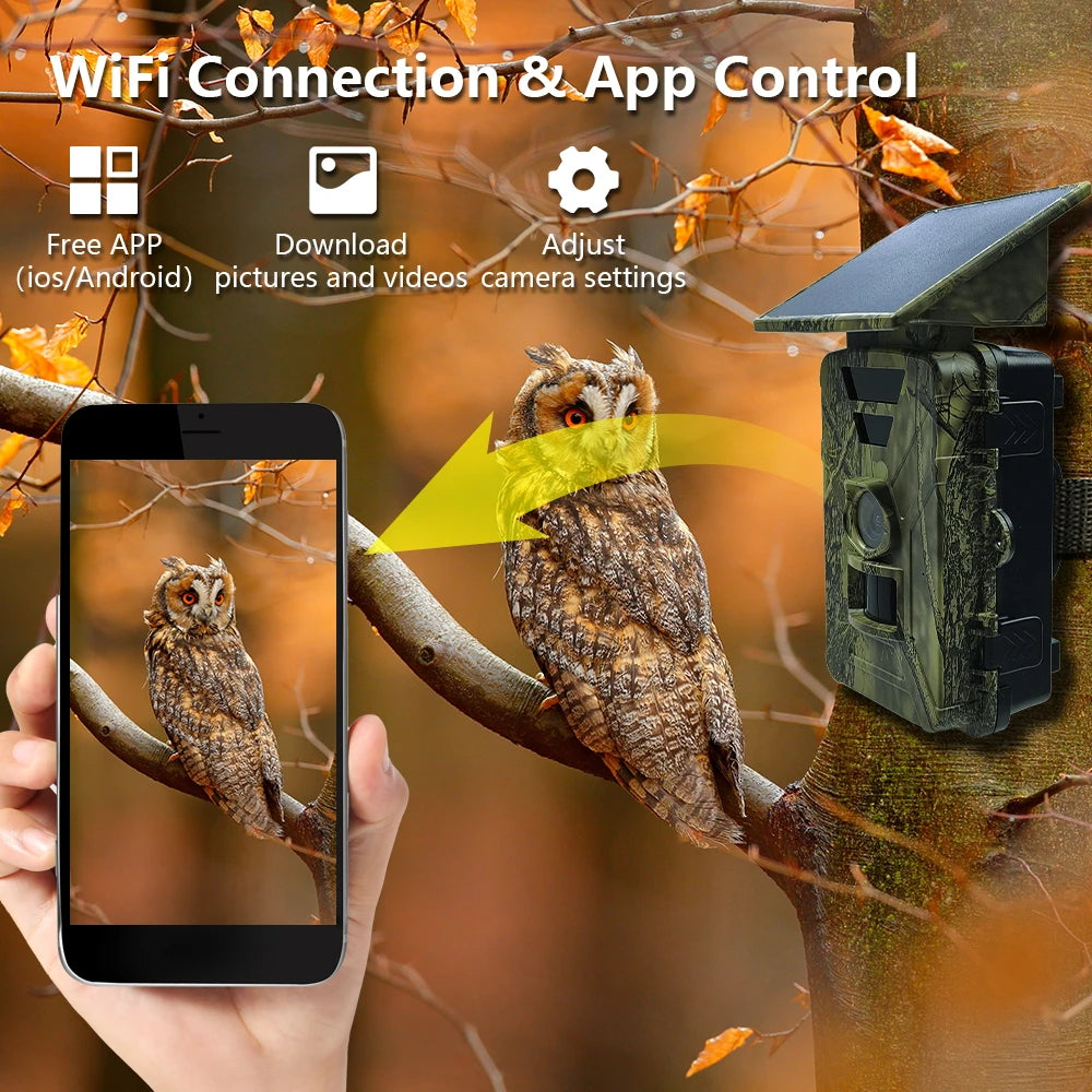 New 8K 60mp Solar Powered Hunting Camera Waterproof MP4 WIFI Infrared Trail Camera 5200mAh Battery for Wild Animals Watching