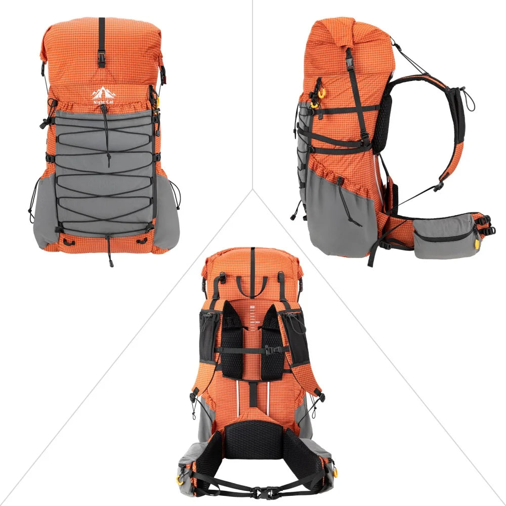 Night Cat Internal Frame Hiking Backpack Roll-Top With Rain Cover