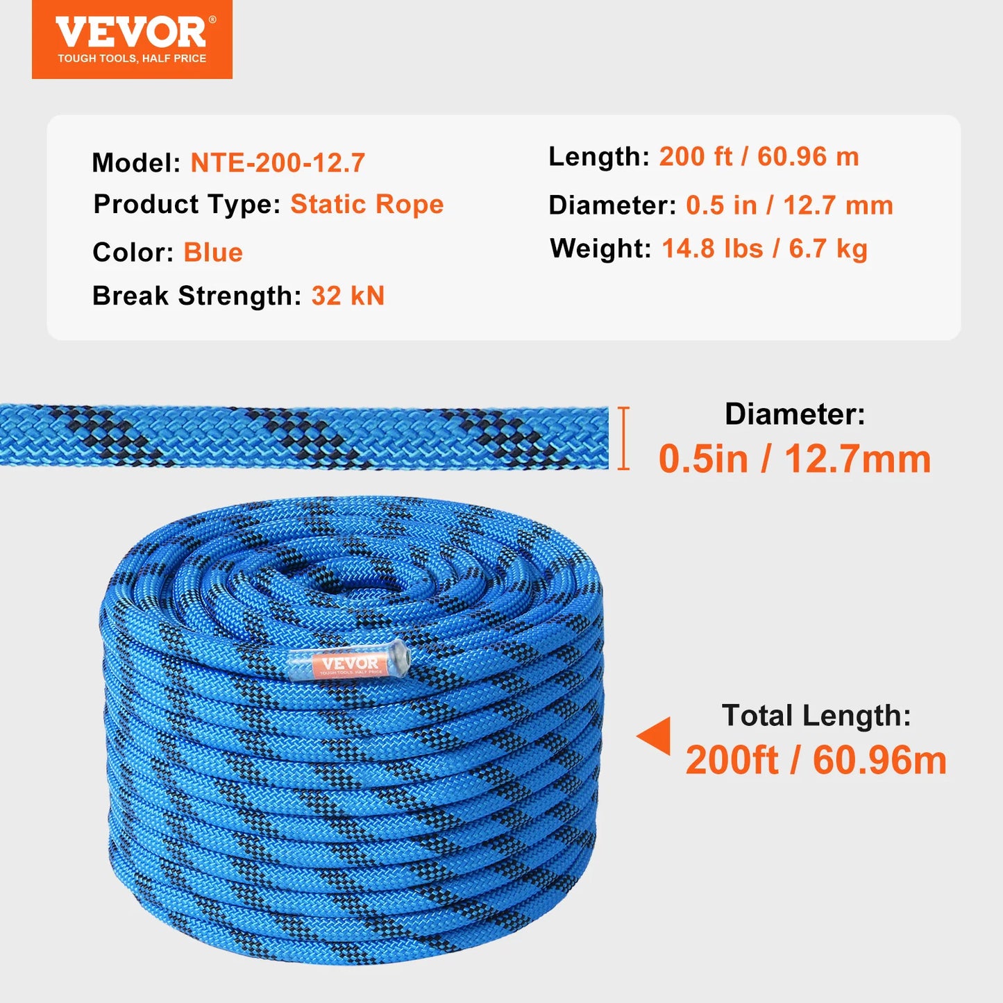 VEVOR Static Climbing Rope 30 kN Breaking Strength for Outdoors