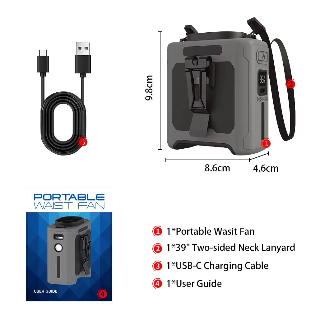 10000mAh Portable Waist Fan With 5 Speed USB Rechargeable Clip