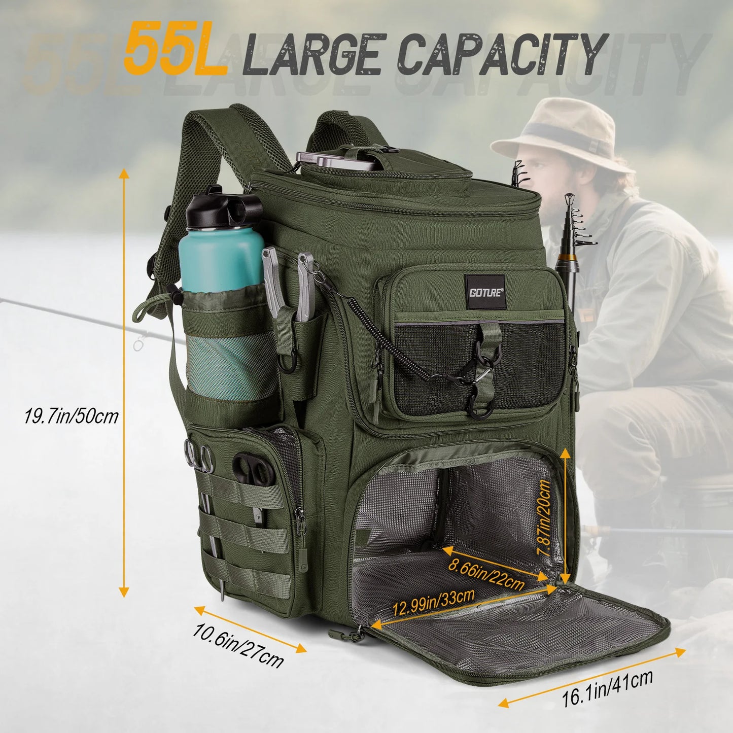 Goture Fishing Backpack Waterproof Non Slip Bottom With Adjustable Rod Holders