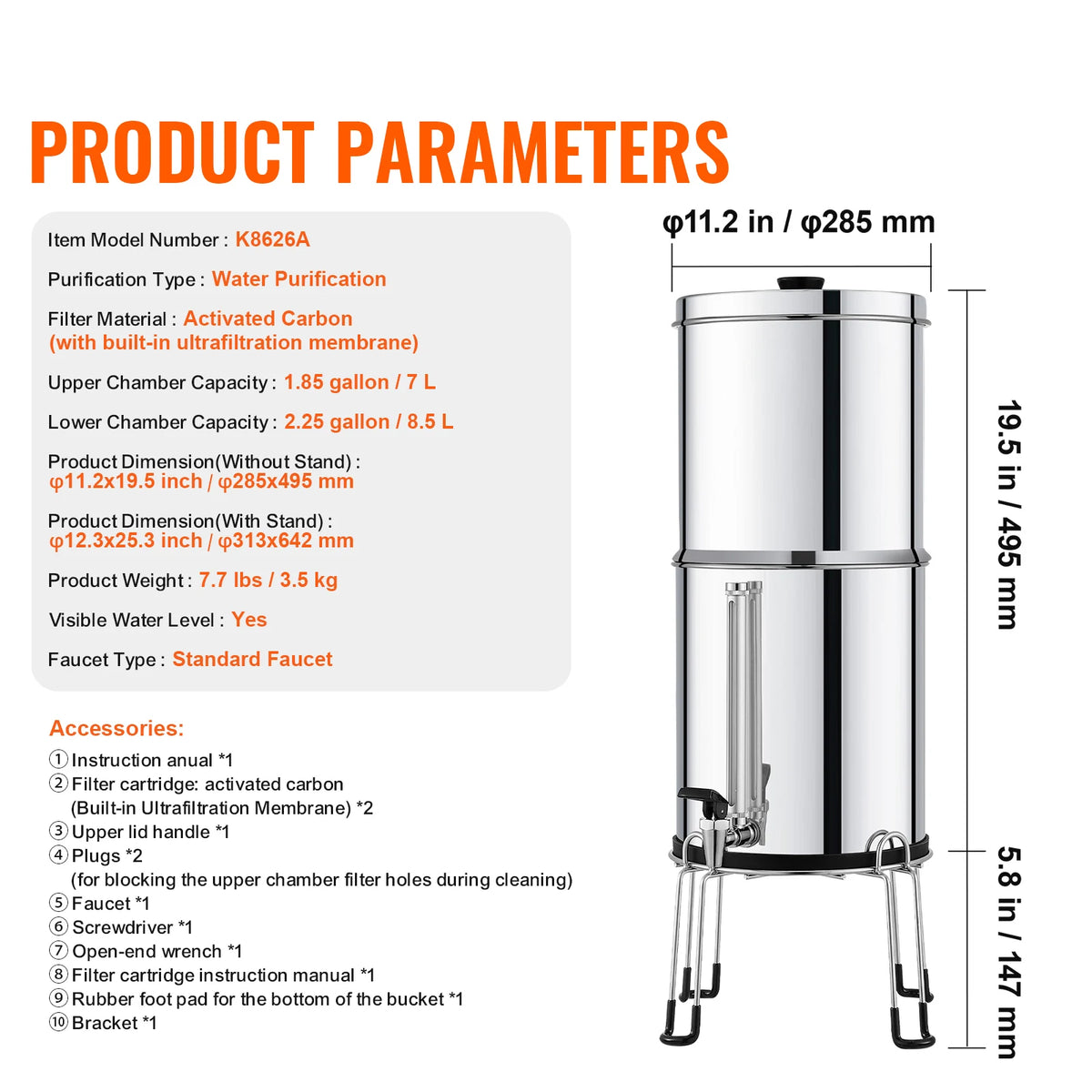 SucceBuy Gravity Fed Stainless Steel Water Filter System