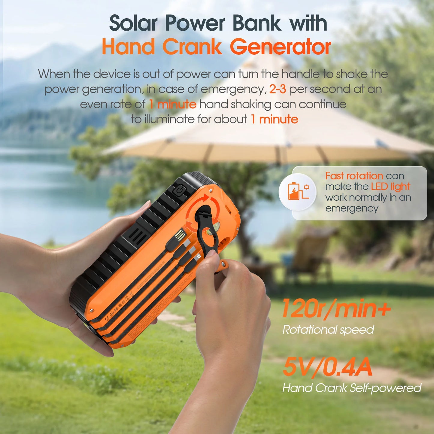 40,000mAh Solar Power Bank With Hand Crank And Built In Cables For Camping
