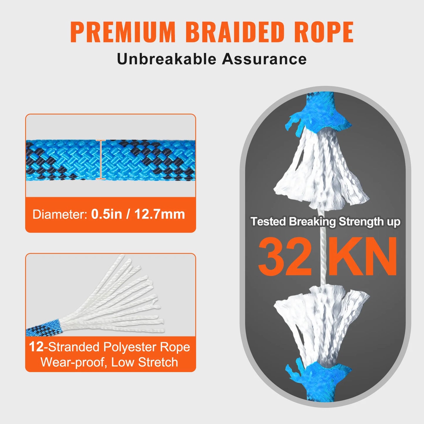 VEVOR Static Climbing Rope 30 kN Breaking Strength for Outdoors