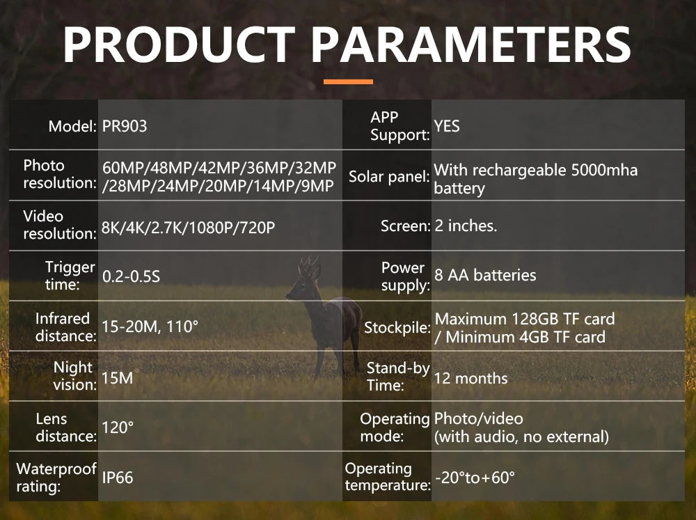 New 8K 60mp Solar Powered Hunting Camera Waterproof MP4 WIFI Infrared Trail Camera 5200mAh Battery for Wild Animals Watching
