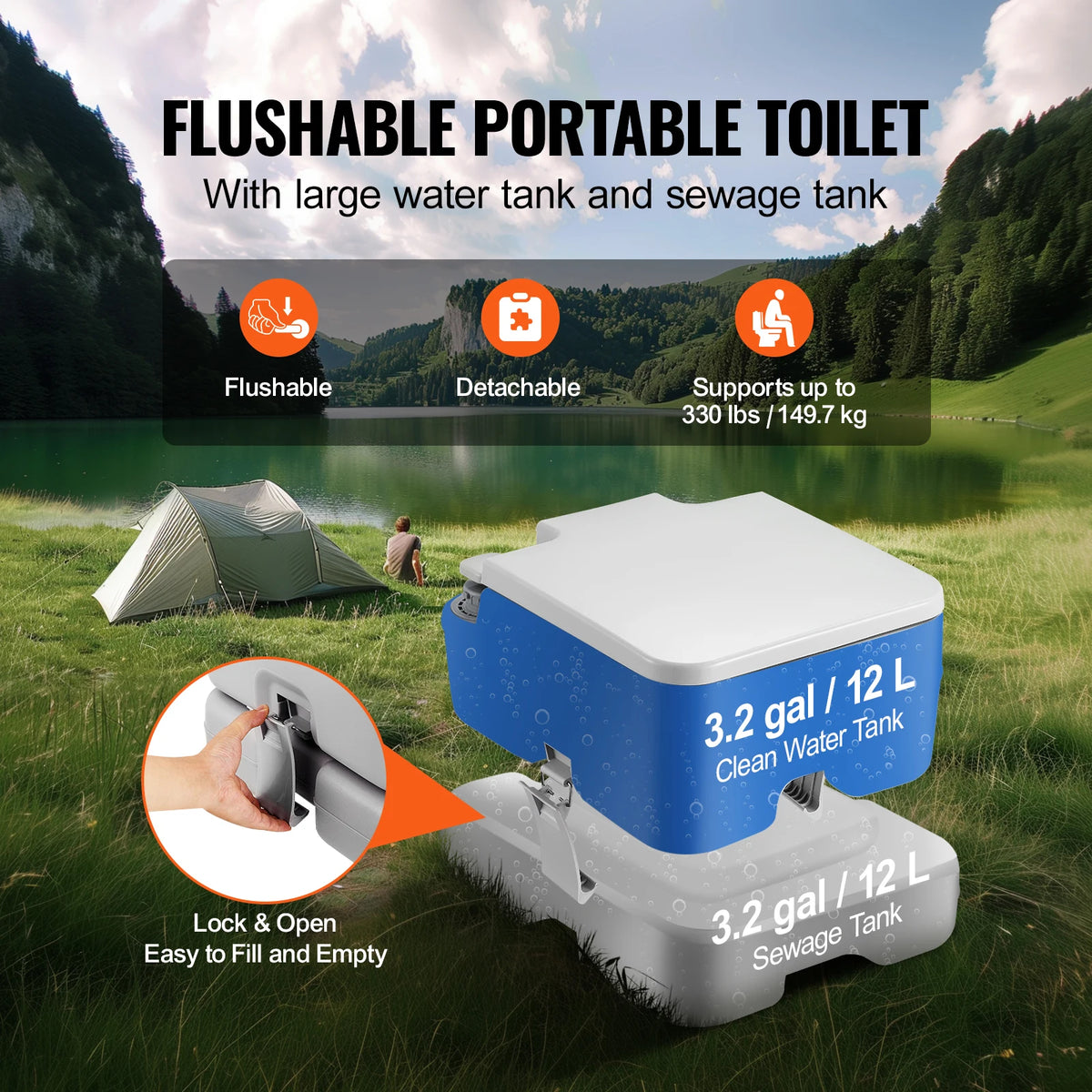 SucceBuy Portable Camping Toilet Push Button Pressurized Flush Commode