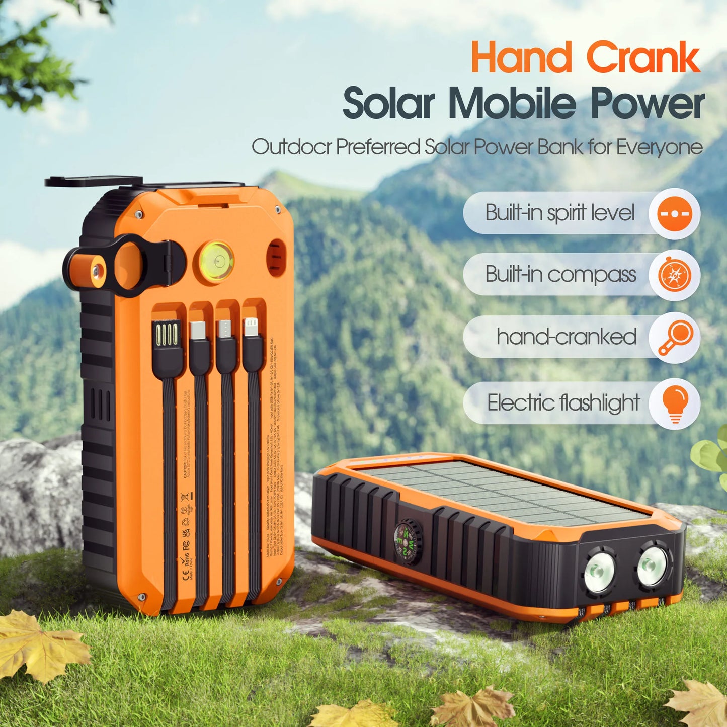 40,000mAh Solar Power Bank With Hand Crank And Built In Cables For Camping
