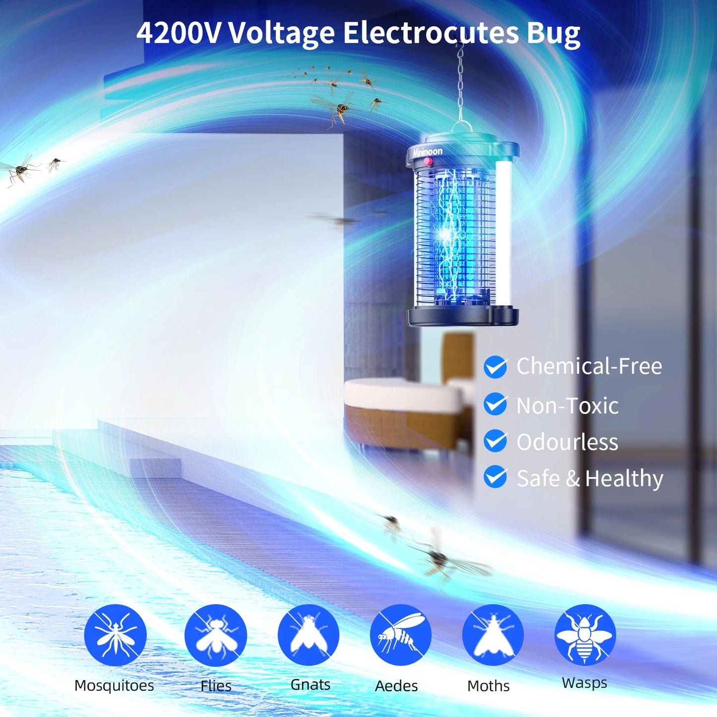 Outdoor Bug Zapper Mosquito Trap Dual LED Lights 4200V 15W
