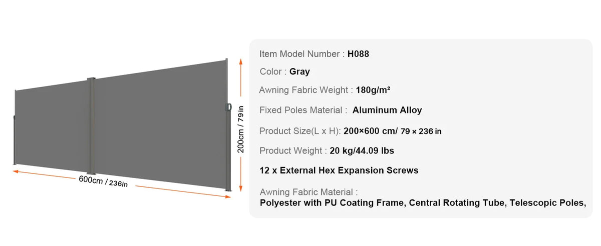 SucceBuy Retractable Side Awning Outdoor Privacy Polyester Water-proof Retractable Patio Screen UV 30+ Room Divider Wind Screen