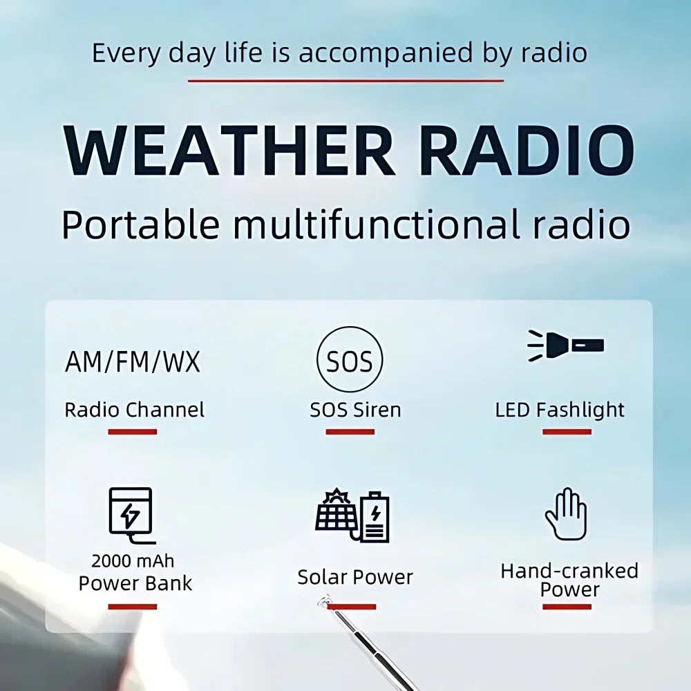 Portable Solar Hand Crank Emergency Radio 2000mAh Power Bank FM AM NOAA Weather Alert LED Flashlight Survival Kit Hurricane Supplies Emergency Preparedness for Home Blackout Severe Weather Camping Outdoor