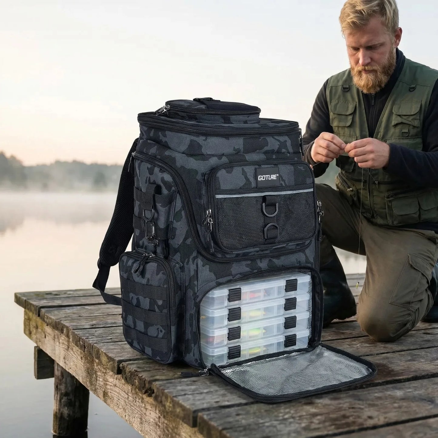 Goture Fishing Backpack Waterproof Non Slip Bottom With Adjustable Rod Holders