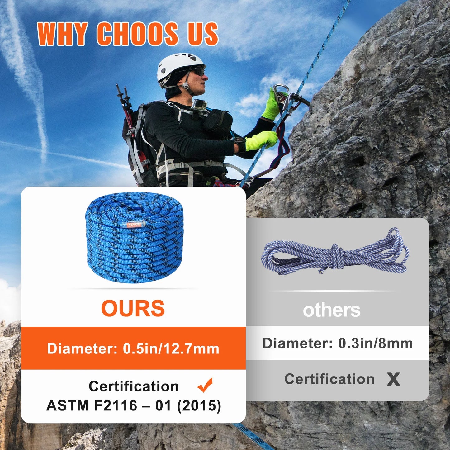 VEVOR Static Climbing Rope 30 kN Breaking Strength for Outdoors