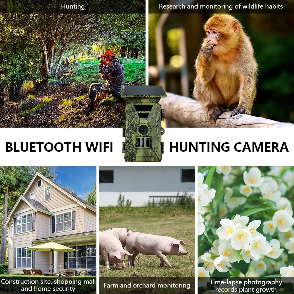 New 8K 60mp Solar Powered Hunting Camera Waterproof MP4 WIFI Infrared Trail Camera 5200mAh Battery for Wild Animals Watching
