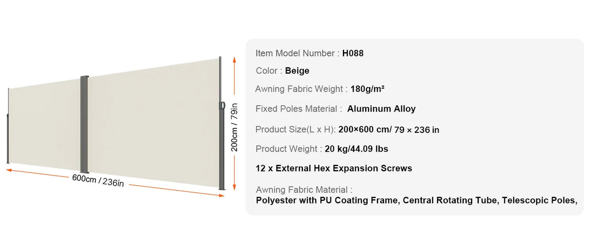 SucceBuy Retractable Side Awning Outdoor Privacy Polyester Water-proof Retractable Patio Screen UV 30+ Room Divider Wind Screen