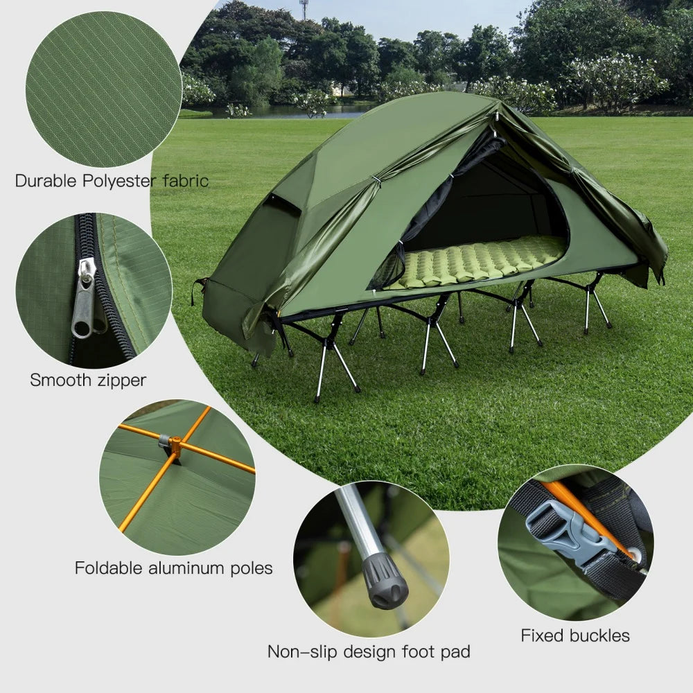 Elevated Camping Cot Tent with 16 Legs Heavy Duty Off-Ground Tent for 1 Person Rainfly Quick Setup for Fishing Hunting & Beach