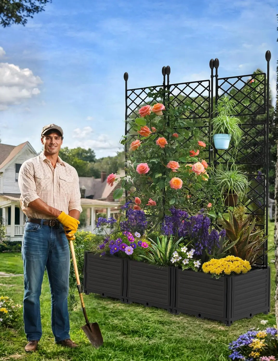Twister Plastic Raised Planter Box With Trellis And Drainage
