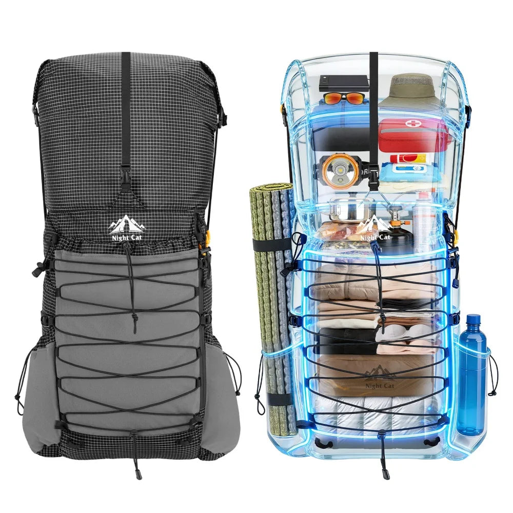 Night Cat Internal Frame Hiking Backpack Roll-Top With Rain Cover