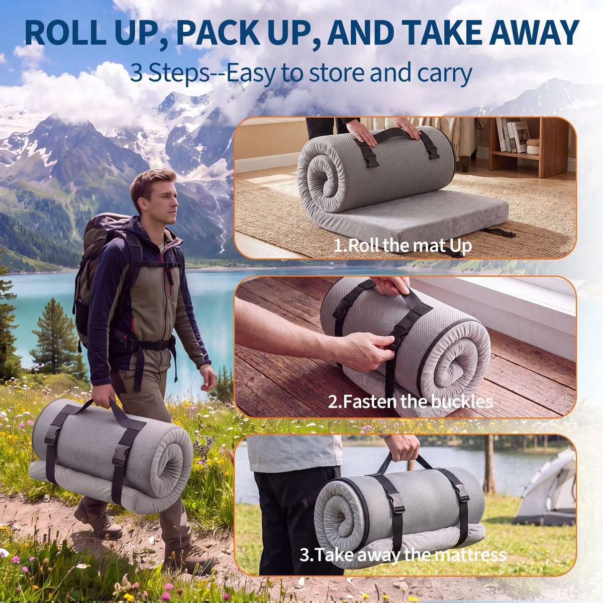 3Inch Thick Memory Foam Camping Mattress Portable Roll-Up Sleeping Pad for Outdoor & Home Use  72x24/75x54inch Gray