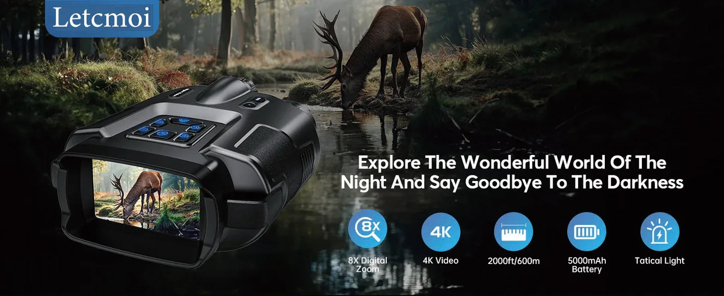 Letcmoi 4K Night Vision Binoculars With 8x Digital Zoom And Tactical Light