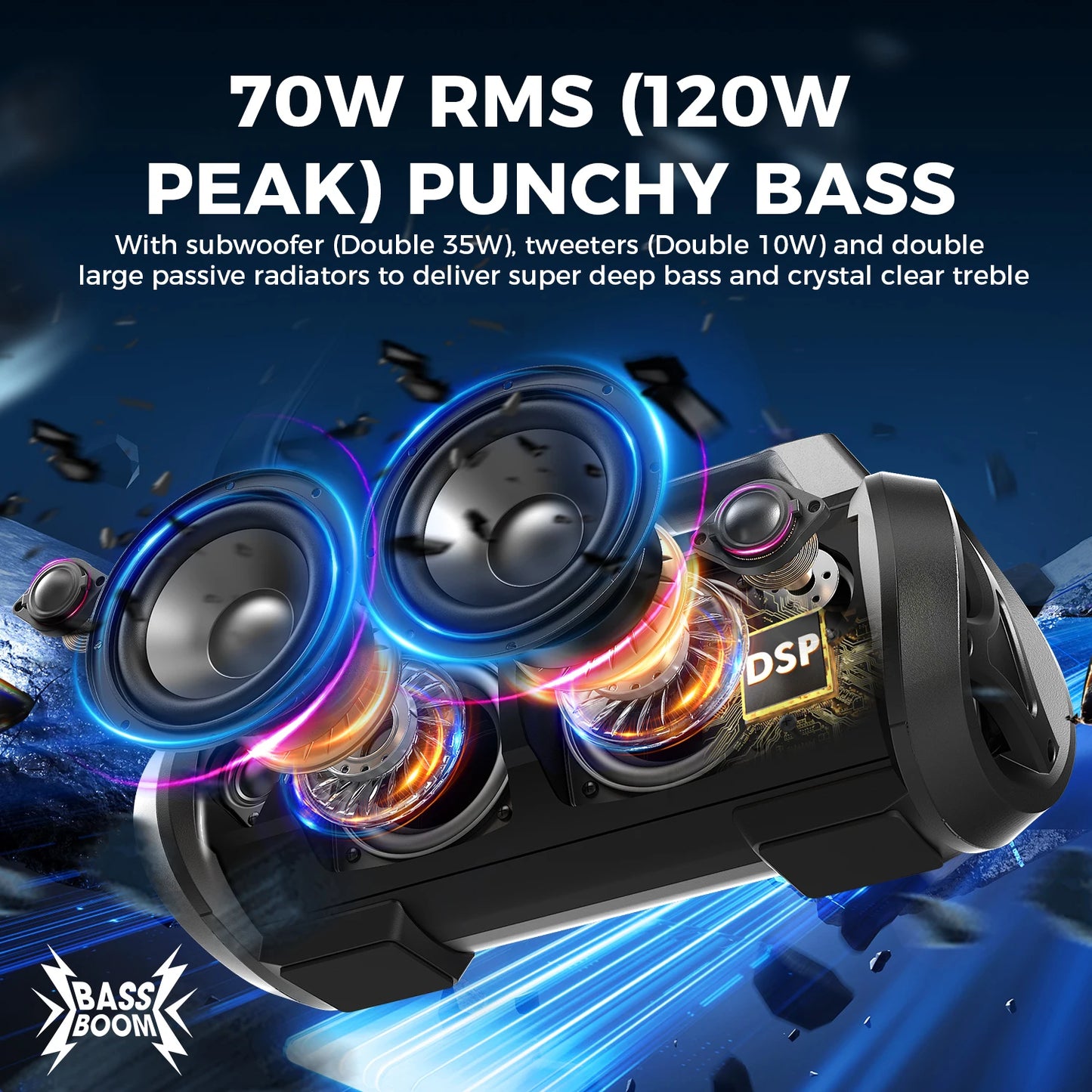 W-King 70W RMS Bluetooth Portable Speaker IPX6 Waterproof