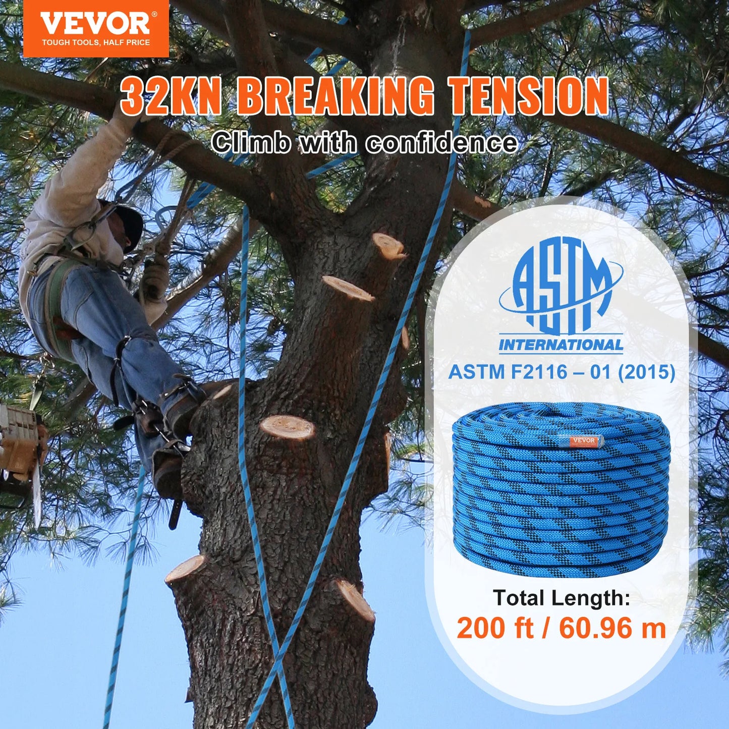 VEVOR Static Climbing Rope 30 kN Breaking Strength for Outdoors