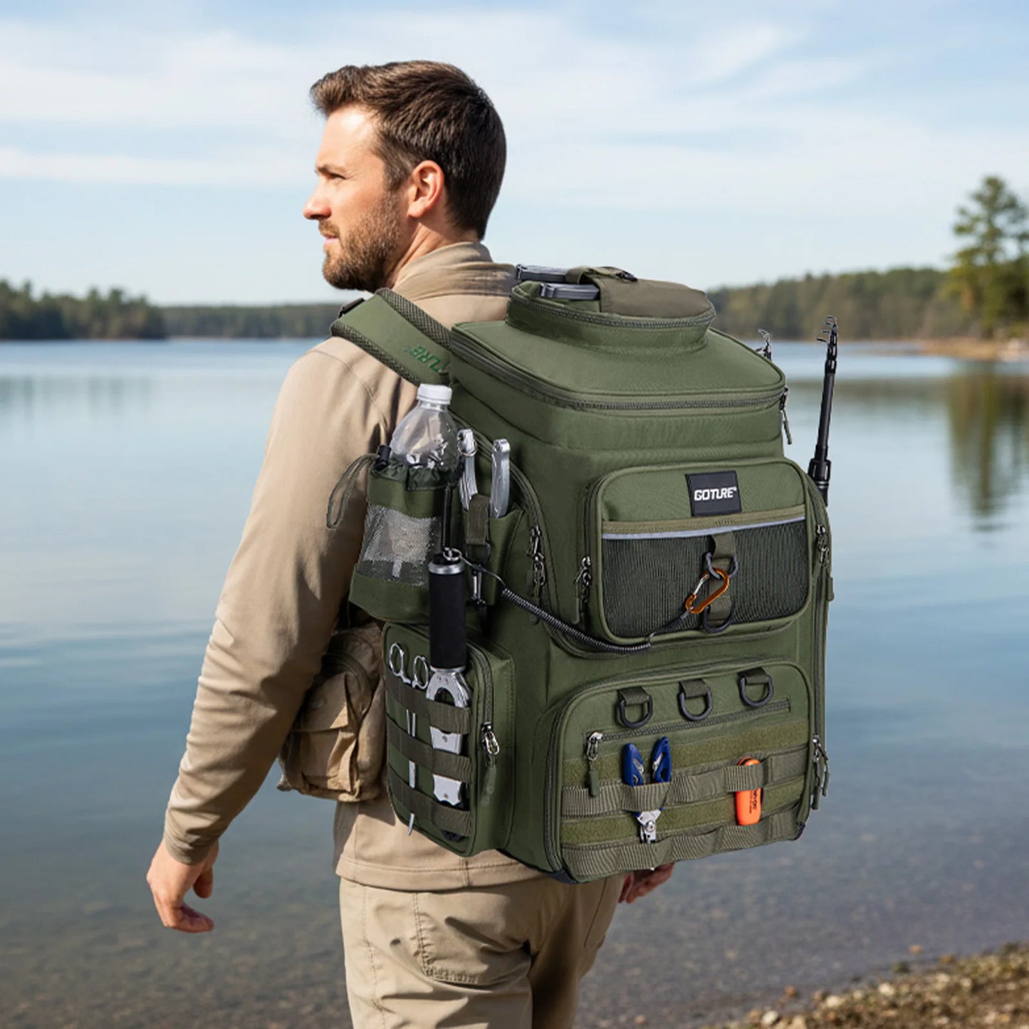 Goture Fishing Backpack Waterproof Non Slip Bottom With Adjustable Rod Holders