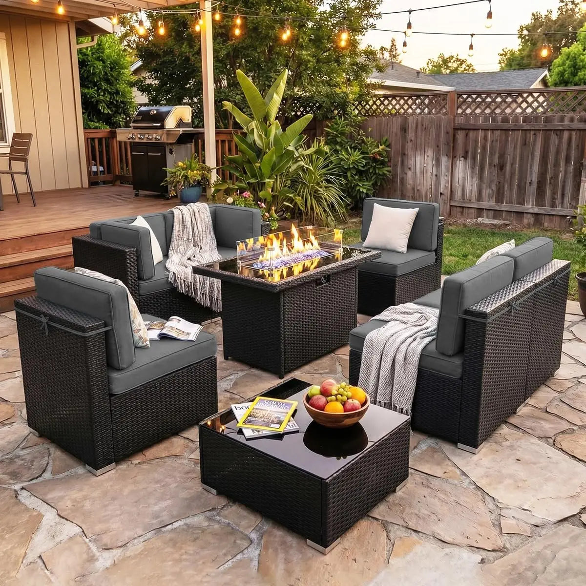 XIAOLANG Outdoor Patio Furniture Set With Gas Fire Pit Table