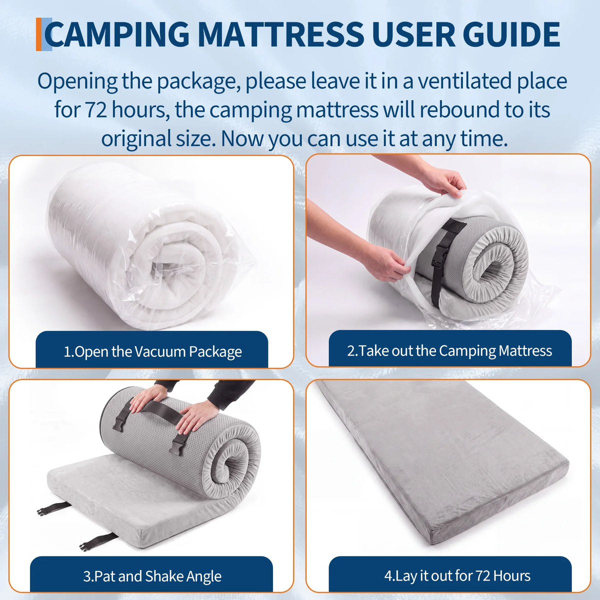 3Inch Thick Memory Foam Camping Mattress Portable Roll-Up Sleeping Pad for Outdoor & Home Use  72x24/75x54inch Gray
