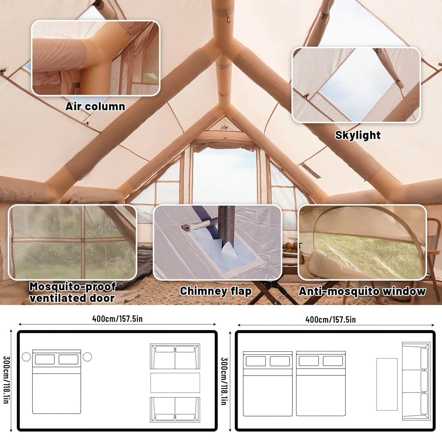 Inflatable Camping Tent With Skylight Quick Air Flow Mesh