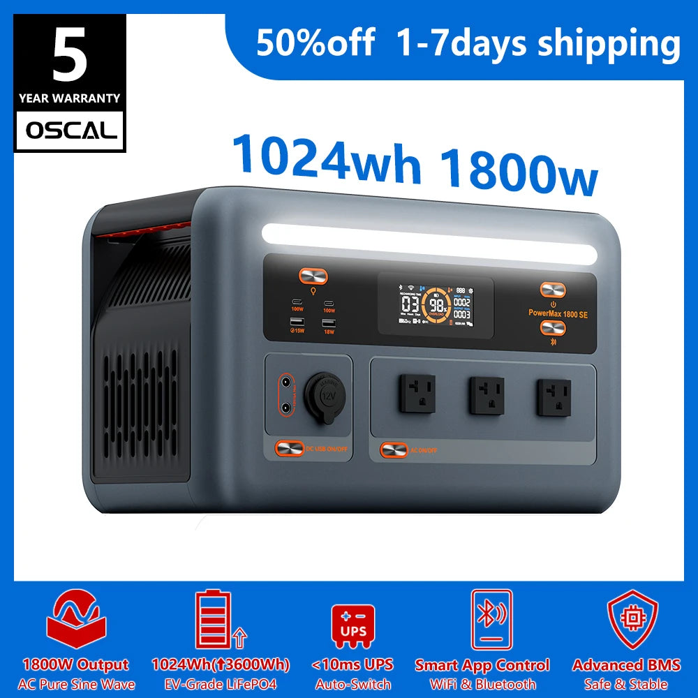 OSCAL PowerMax 1024Wh LiFePO4 Portable Power Station 1800W
