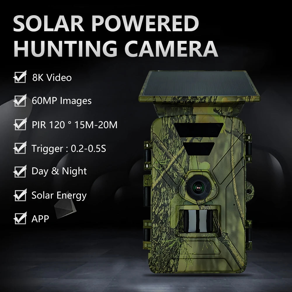 New 8K 60mp Solar Powered Hunting Camera Waterproof MP4 WIFI Infrared Trail Camera 5200mAh Battery for Wild Animals Watching