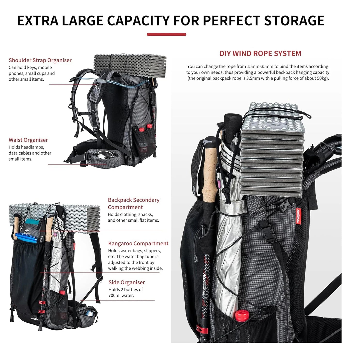Naturehike Waterproof Mountain Backpack With Rain Cover For Hiking