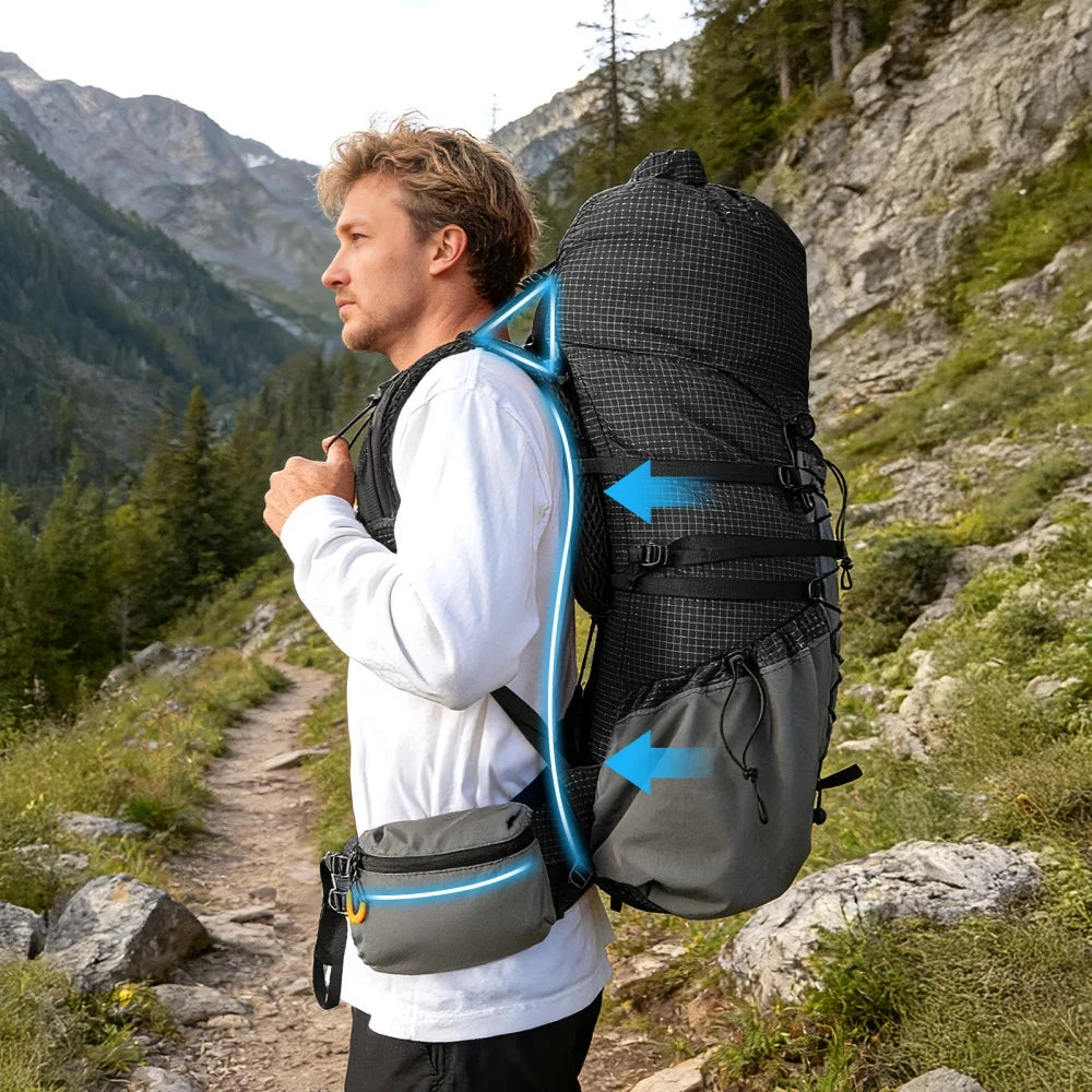 Night Cat Internal Frame Hiking Backpack Roll-Top With Rain Cover