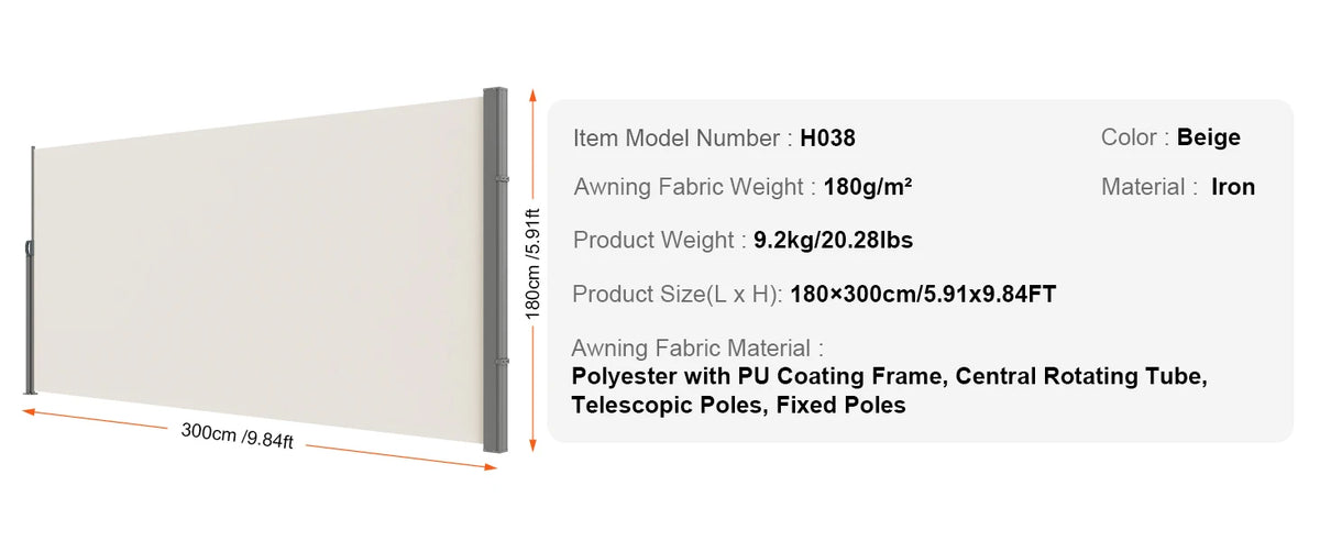 SucceBuy Retractable Side Awning Outdoor Privacy Polyester Water-proof Retractable Patio Screen UV 30+ Room Divider Wind Screen