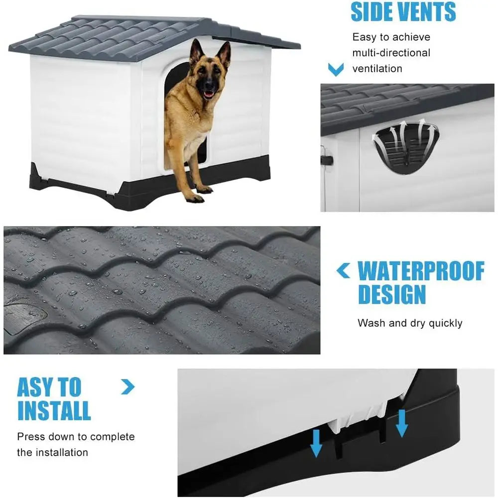 Dog House, Large Dog House or Small Medium Large Dogs, Water Resistant Ventilate Plastic Durable Indoor Outdoor Pet Shelter Kenn