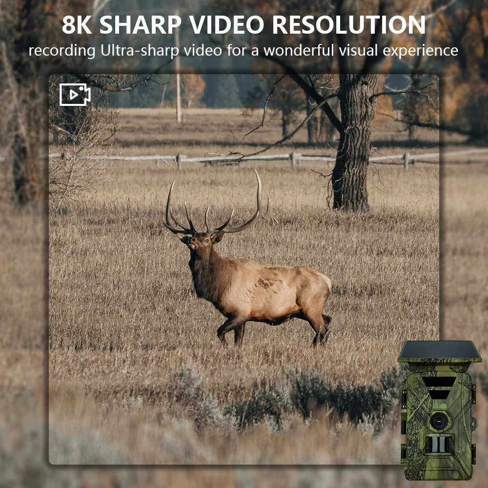 New 8K 60mp Solar Powered Hunting Camera Waterproof MP4 WIFI Infrared Trail Camera 5200mAh Battery for Wild Animals Watching