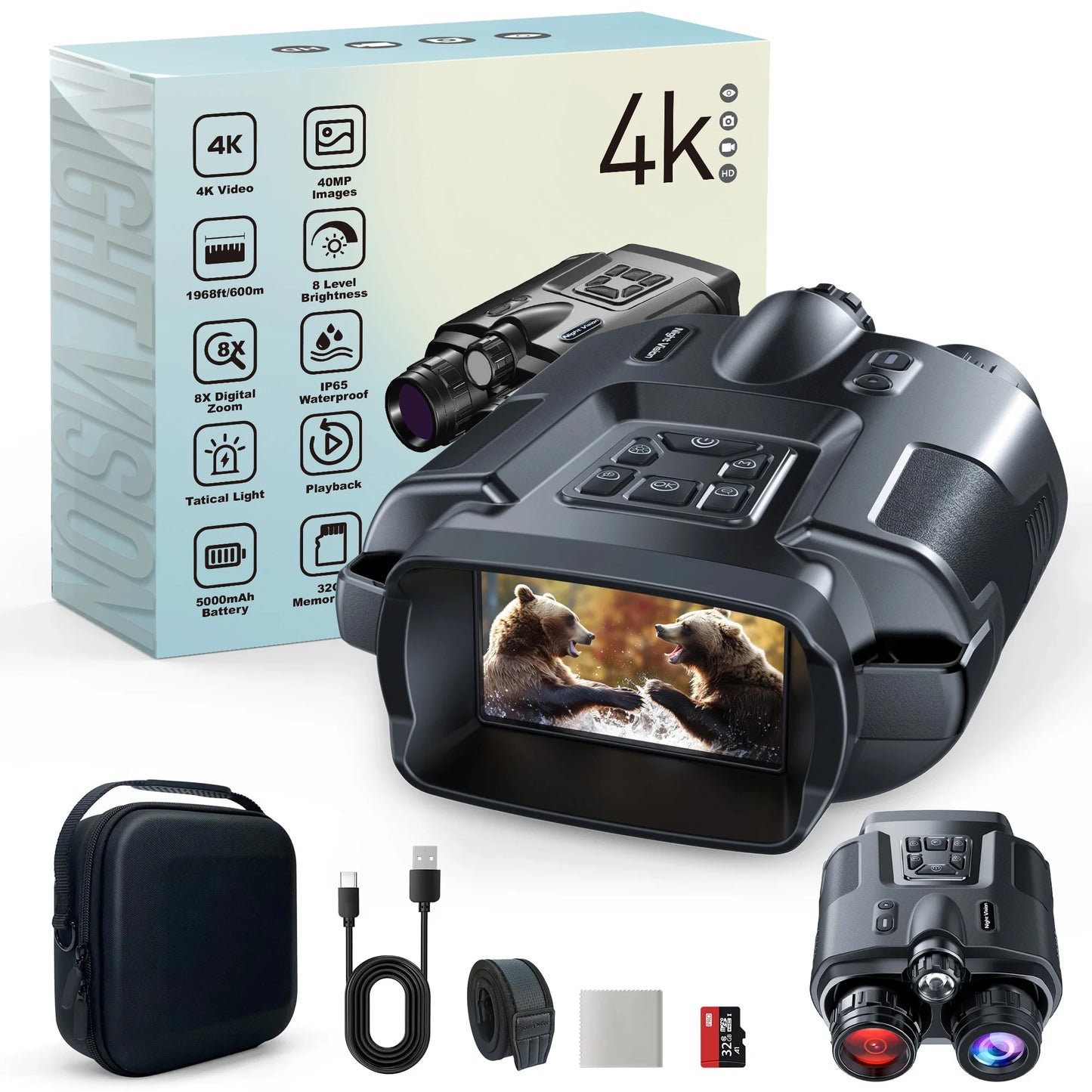 Letcmoi 4K Night Vision Binoculars With 8x Digital Zoom And Tactical Light