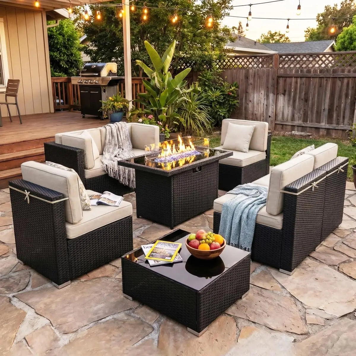XIAOLANG Outdoor Patio Furniture Set With Gas Fire Pit Table