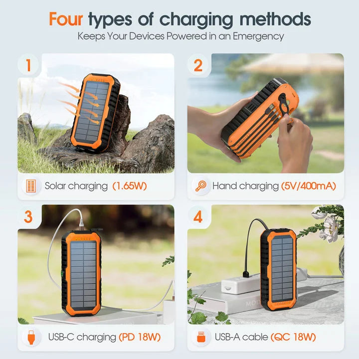 40,000mAh Solar Power Bank With Hand Crank And Built In Cables For Camping