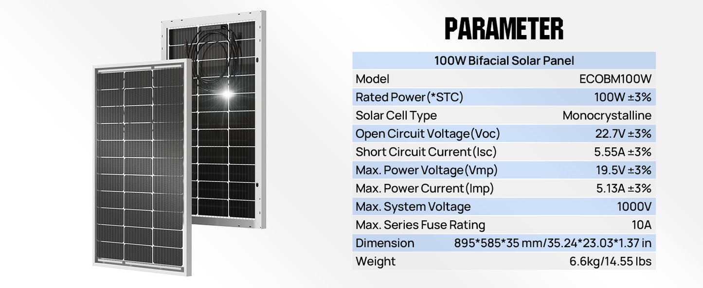 ECO-WORTHY Bifacial 100W 12V Solar Panel Monocrystalline PV Module For RVs