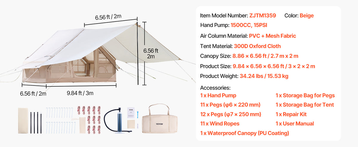 Vevor 3-5 Person Inflatable Camping Tent With Hand Pump